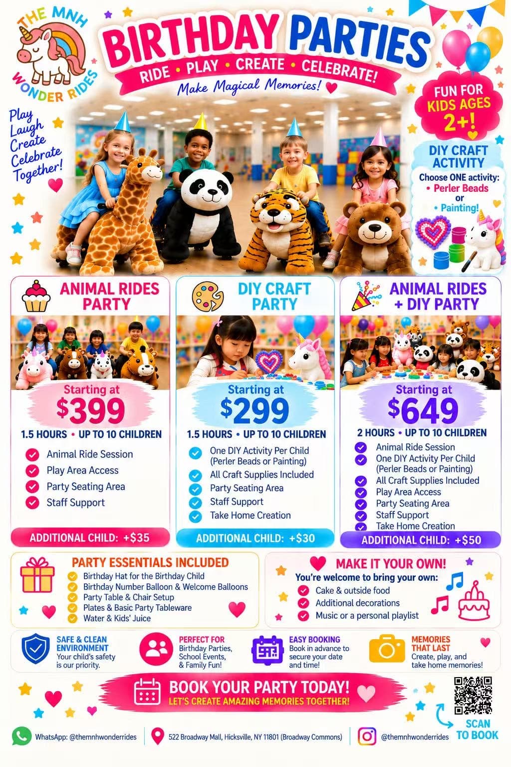 The MNH Wonder Rides birthday party flyer: Animal Rides Party from $399, DIY Craft Party from $299, Animal Rides + DIY Party from $649, each up to 10 children, with party essentials included. 522 Broadway Mall, Hicksville, NY.